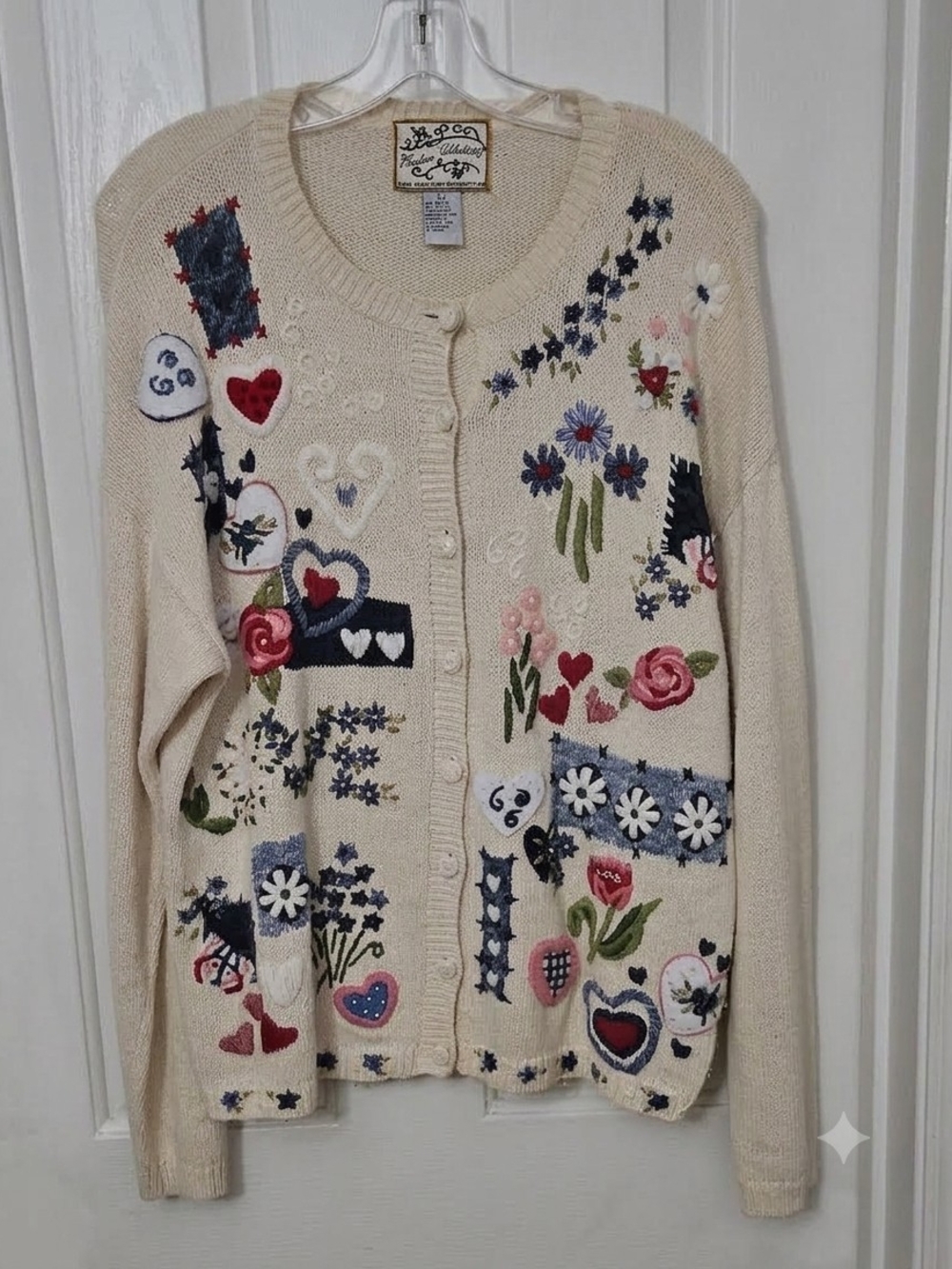 Vtg Heirloom Collectibles Cream Knit Cardigan Florals Hearts Embroirery Sz Large